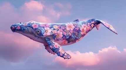 Whale with floral pattern soaring through dreamy sky artistic illustration