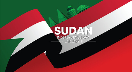 Sudan independence day ribbon illustration with flowing national flag colors