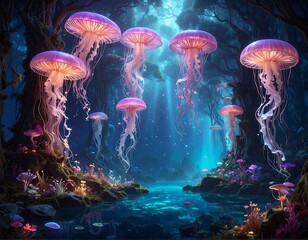 Enchanting forest scene with bioluminescent jellyfish, reflected in a tranquil pool, amidst glowing foliage and towering trees