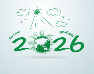 2026 new year creative drawing happy family environmental eco-friendly ideas concept, Vector illustration elements design