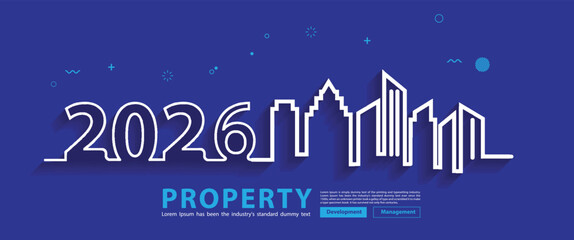 Vector illustration New year 2026 city skyline line art creative design, With property management development idea concept