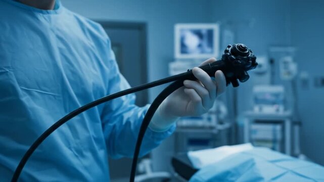 A medical professional in blue scrubs holds an endoscope in a hospital operating room, showcasing the equipment and environment