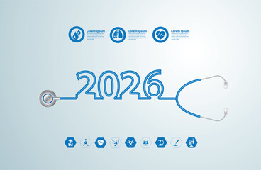  Vector illustration 2026 new year with stethoscope creative design, And medical flat icons in medicine technology concept