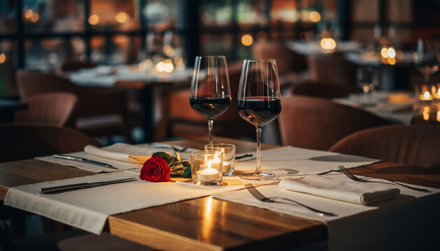 Escena rom&aacute;ntica en restaurante elegante con mesa para dos, copas de vino tinto, velas encendidas y una rosa roja, creando un ambiente &iacute;ntimo y c&aacute;lido ideal para citas y celebraciones especiales.