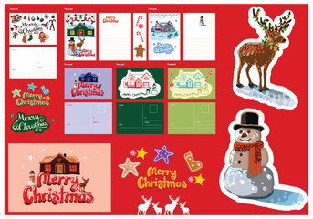Set of Christmas greeting cards and illustrations