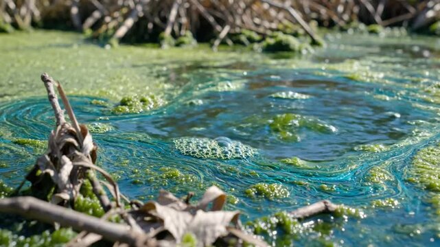 Close-up view of a pond with cyanobacteria blooms and swirling blue green water on a sunny day