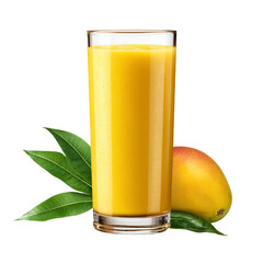 Glass of mango juice alongside a whole mango fruit and leaves isolated die-cut	
