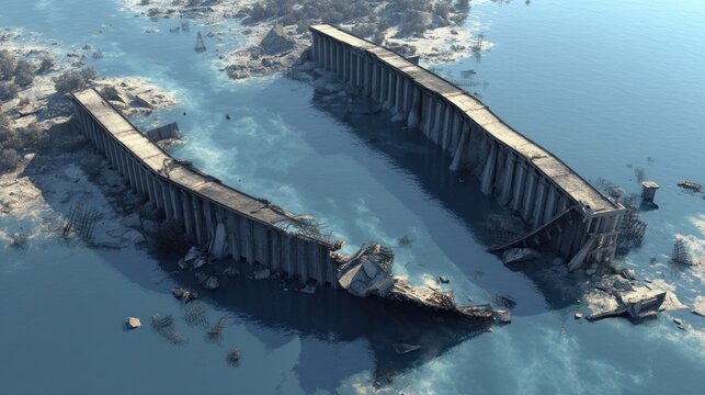 3D image showing broken dam disaster