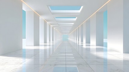 Naklejka premium Expansive minimalist corridor featuring symmetrical pillars ceiling skylights revealing blue sky and reflective marble floor conveying a sense of clean bright futuristic space
