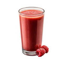 Raspberry smoothie in a tall glass cup alongside several fresh raspberries isolated die-cut