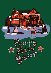 Christmas poster design, house in the snow, happy new year