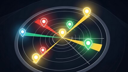 Radar screen with location pins and radiating lines.