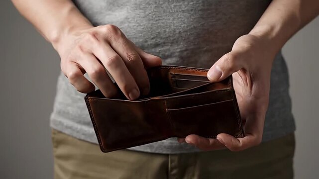 A person's hands holding an open, empty brown leather wallet, symbolizing financial struggles.