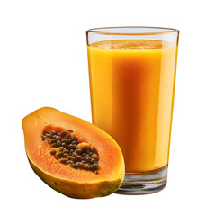 papaya smoothie in a glass cup alongside a halved ripe papaya fruit isolated die-cut	 