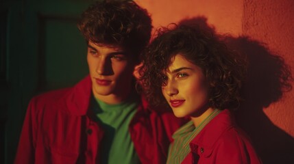 Young couple in red jackets leaning against a wall with dramatic lighting