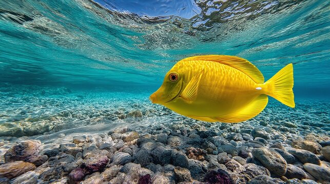Dive into the blue depths with a vibrant yellow tang. This underwater world is full of color and life, from the coral reefs to the sunny surface.