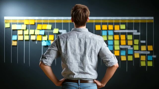 Faceless person standing contemplatively before large project management Gantt chart made of colorful post-it notes, tasks and deadlines visualization, office wall display, with co
