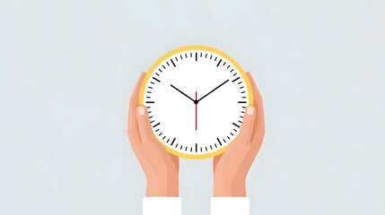 Conceptual minimalist illust n featuring hands holding a yellow analog clock representing punctuality scheduling time management and the passage of moments