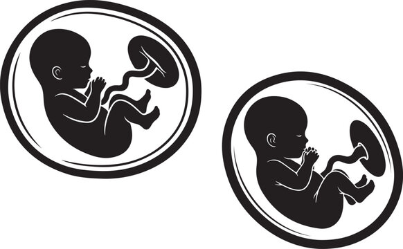 Black and white silhouette icon of a fetus inside the womb with an umbilical cord and placenta