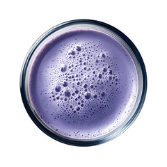 blueberry yogurt smoothie in a glass cup, top view isolated die-cut