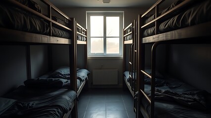 barracks. Military-style bunk beds with neat blankets in morning light. real-estate listings, architecture portfolios, designed for real-estate listing and luxury residence showcases.
