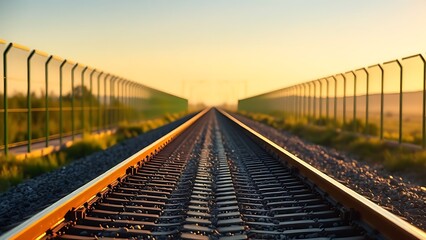 Fototapeta premium ballast. A long railroad track with gravel stretching to the horizon in morning light. mobility guides, transit brochures, designed for transport & logistics marketing.