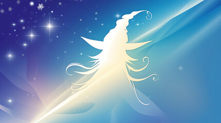 White witch silhouette flying in starry blue sky night