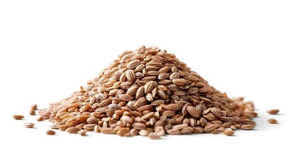 Obraz premium Detailed ro view of a generous heap of numerous small textured oval shaped brown grains or seeds The food ingredients are artfully arranged and isolated against a pure white studio background