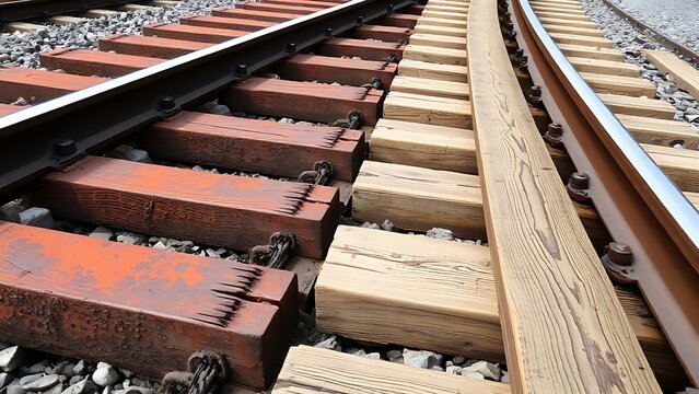 sleepers. Old and new wooden railway sleepers showing contrasting textures and rust. mobility guides, transit brochures, designed for transport & logistics marketing, used by recruiters.