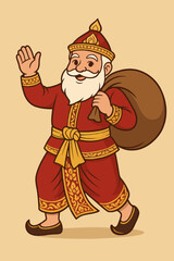 The image illustrates a Thai-style Santa Claus celebrating Christmas, depicted as a cheerful elderly man with a white beard wearing traditional Thai attire in festive red and gold colors. He carries a