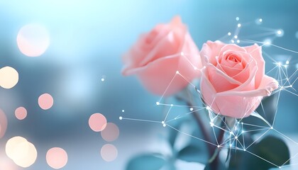 Pink Roses with Digital Network Overlay and Bokeh Lights