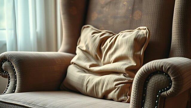 ableism. An old fabric armchair with a sagging seat cushion in warm light. lifestyle magazines, social media lookbooks, designed for lifestyle magazines and social media content, drives engagement.