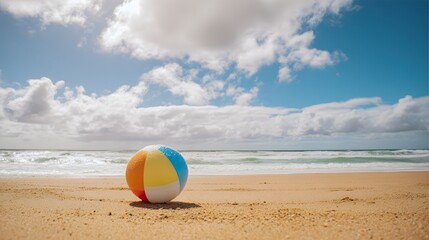 Golden beach ball on sand evokes a peaceful summer escape bathed in gentle sunlight and clear blue skies