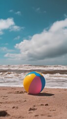 Naklejka premium Summer beach serenity a vibrant ball rests on warm sand beneath a bright peaceful sky