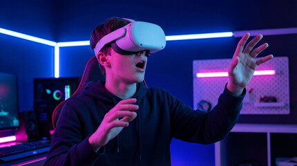 A young man, wearing a white virtual reality headset and hoodie, interacts with a digital environment with his mouth open in awe, lit by bright neon pink and blue lights in a dark room.