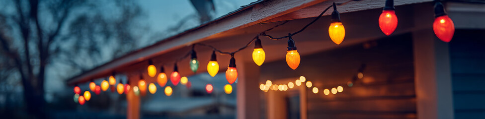 Colorful christmas lights string warm glowing festive outdoor porch evening