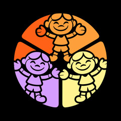 Three cartoon children in circle orange purple yellow