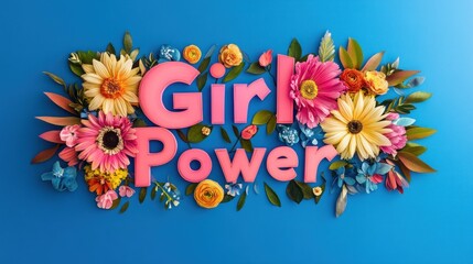 Girl Power 3D text in pink with vibrant floral arrangement on blue for women's empowerment.