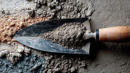 Trowel with clay on a construction site background