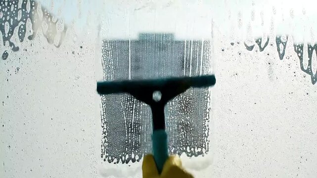 A person wearing a yellow glove uses a squeegee to clean a soapy window, revealing a clearer view.