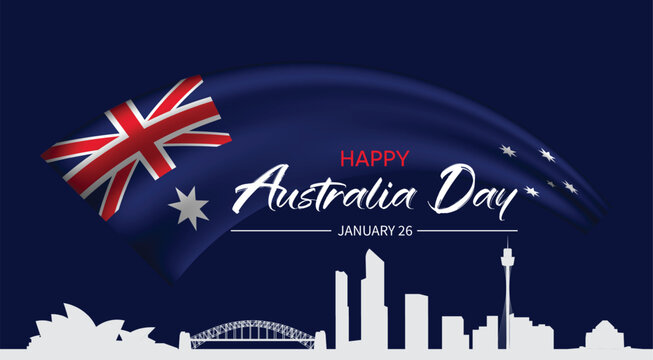 Happy Australia Day banner with skyline flag fireworks and patriotic celebration theme