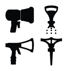 Megaphone, shower, and sprinkler black silhouette icon set