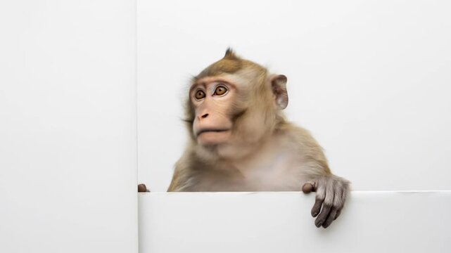 Curious monkey peeking over white wall, its inquisitive expression and playful pose capture the