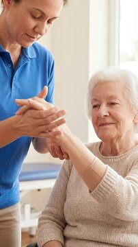 An elderly woman caregiver physical therapy rehabilitation support care senior nurse hand exercise gentle rehabilitation support home healthcare support compassion rehabilitation therapy nurse senior