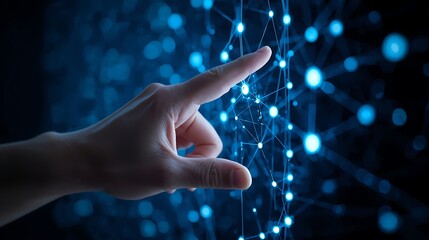 Touching digital network interface with glowing blue nodes