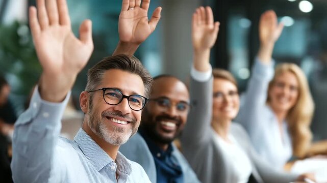 Diverse group of professionals wearing eyeglasses smiling and voting during business committee meeting, democratic decision-making process, conference room setting, defocused backg