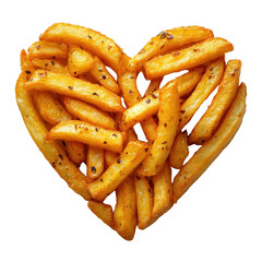 Golden French fries in heart shape isolated on a white background