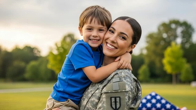 Female adult hispanic soldier embraces her young boy outdoors. They share a loving moment with an american flag nearby. A symbol of military family pride