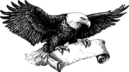 Obraz premium Eagle with outstretched wings grasping a scroll. Vintage black and white vector illustration showcasing detailed engraving techniques.