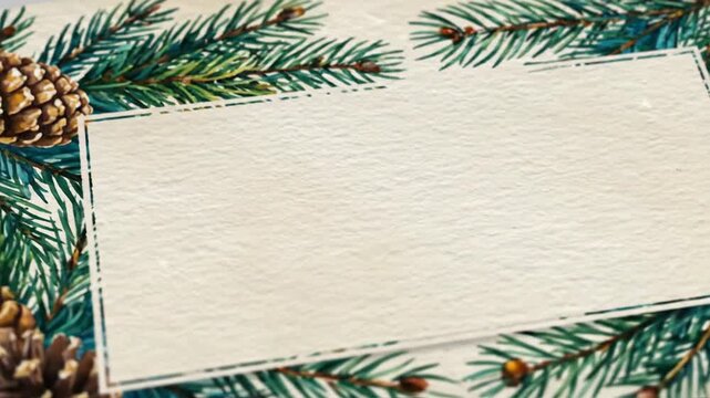 Watercolor pine branches and cones composition with copy space
